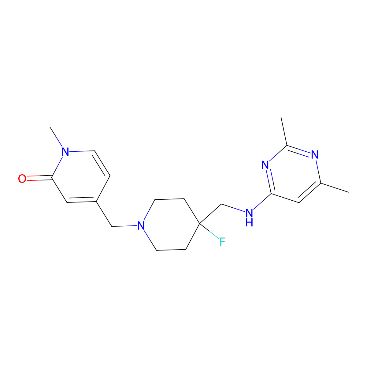 4-[(4-{[(2,6-Dimethylpyrimidin-4-yl)amino]methyl}-4-fluoropiperidin-1-yl)methyl]-1-methyl-1,2-dihydropyridin-2-one molecular structure, CAS 3054631-27-2