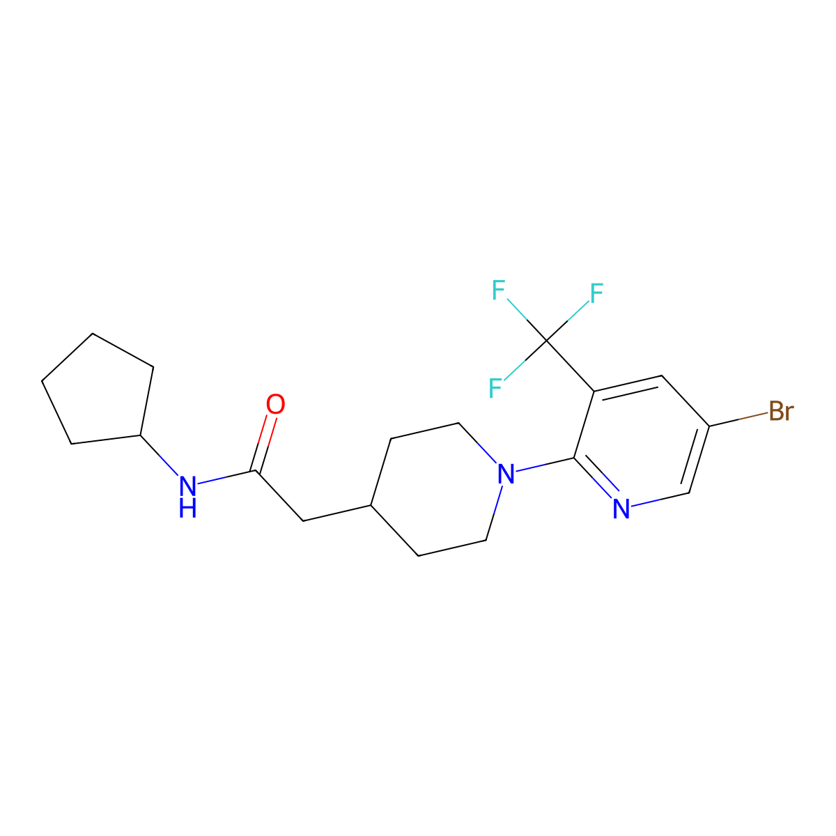 2-{1-[5-bromo-3-(trifluoromethyl)pyridin-2-yl]piperidin-4-yl}-N-cyclopentylacetamide molecular structure, CAS 3054631-37-4