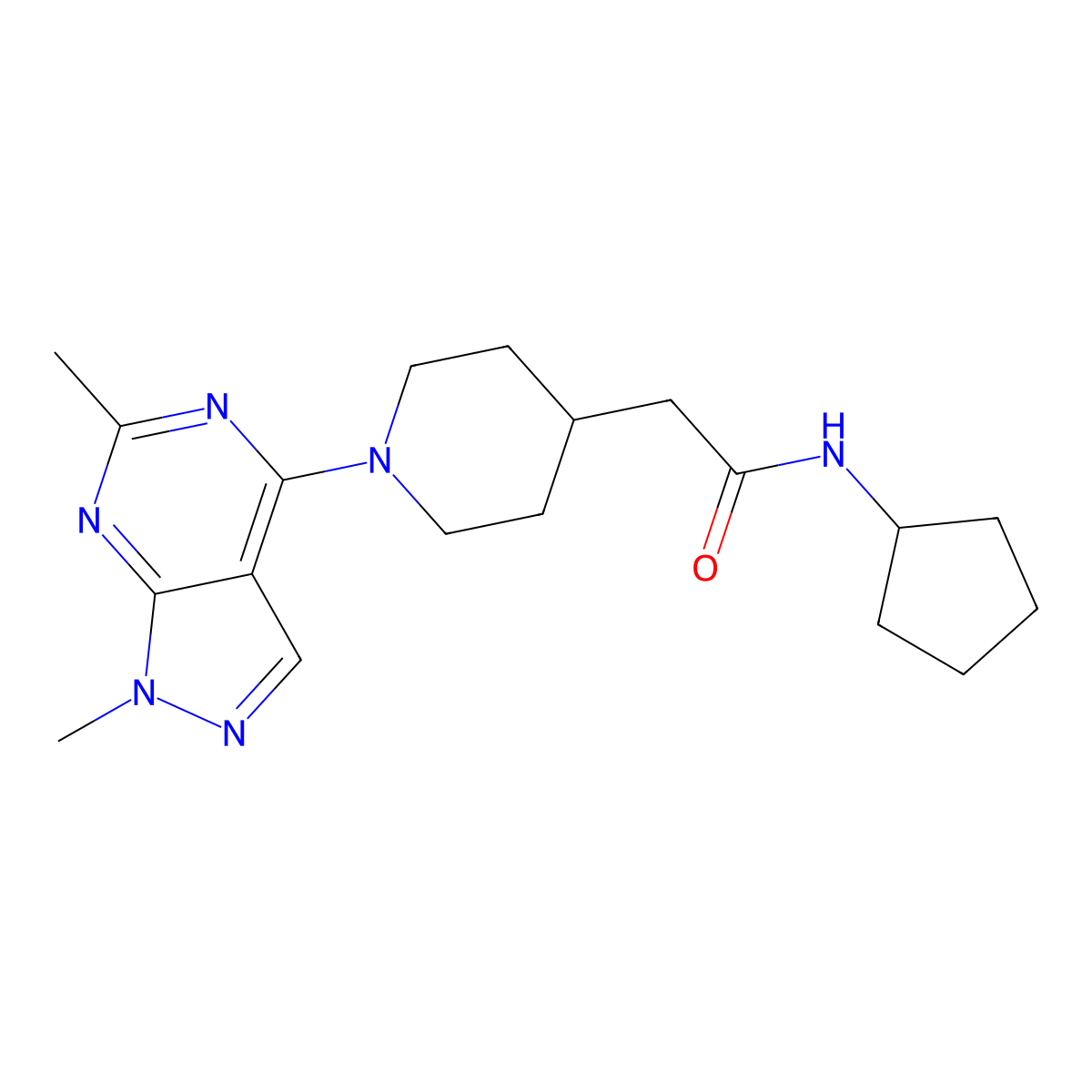 N-cyclopentyl-2-(1-{1,6-dimethyl-1H-pyrazolo[3,4-d]pyrimidin-4-yl}piperidin-4-yl)acetamide molecular structure, CAS 3054631-42-1