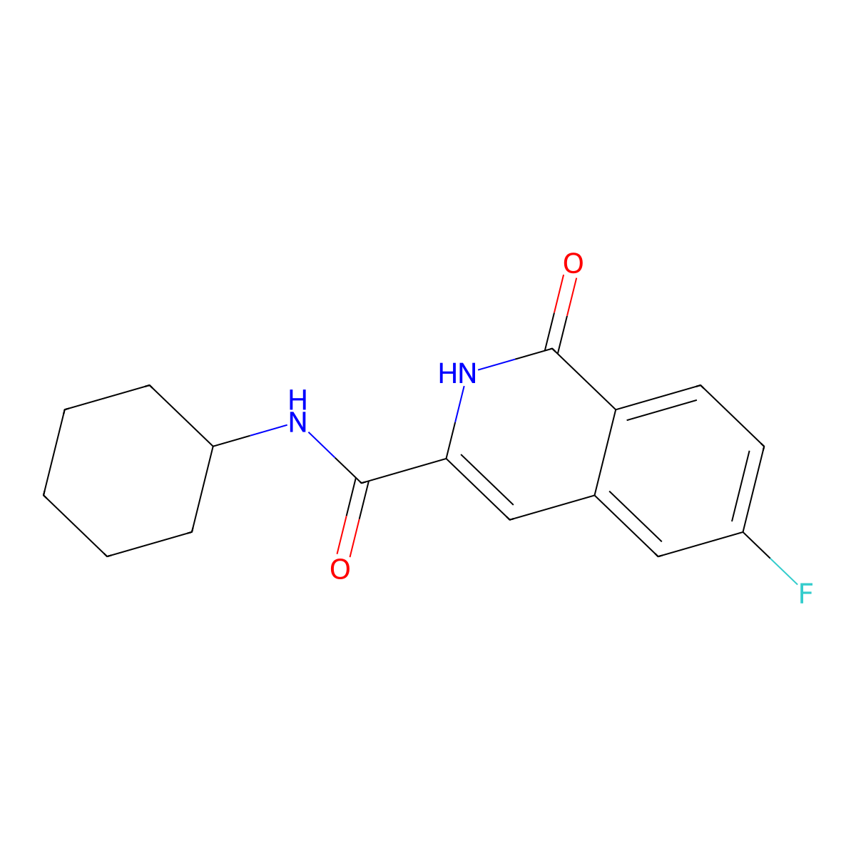 N-cyclohexyl-6-fluoro-1-oxo-1,2-dihydroisoquinoline-3-carboxamide molecular structure, CAS 3054631-43-2