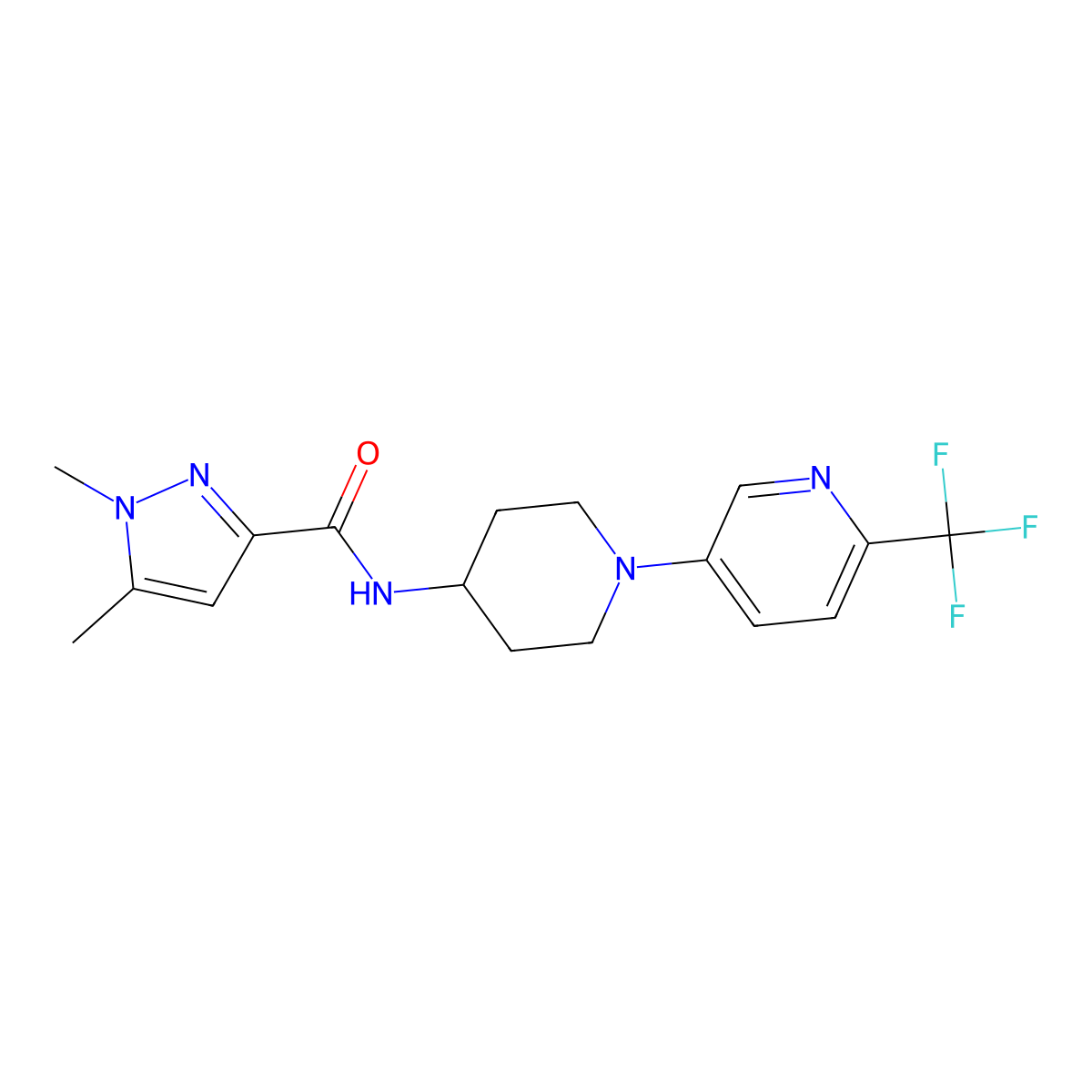 1,5-dimethyl-N-{1-[6-(trifluoromethyl)pyridin-3-yl]piperidin-4-yl}-1H-pyrazole-3-carboxamide molecular structure, CAS 3054631-46-5