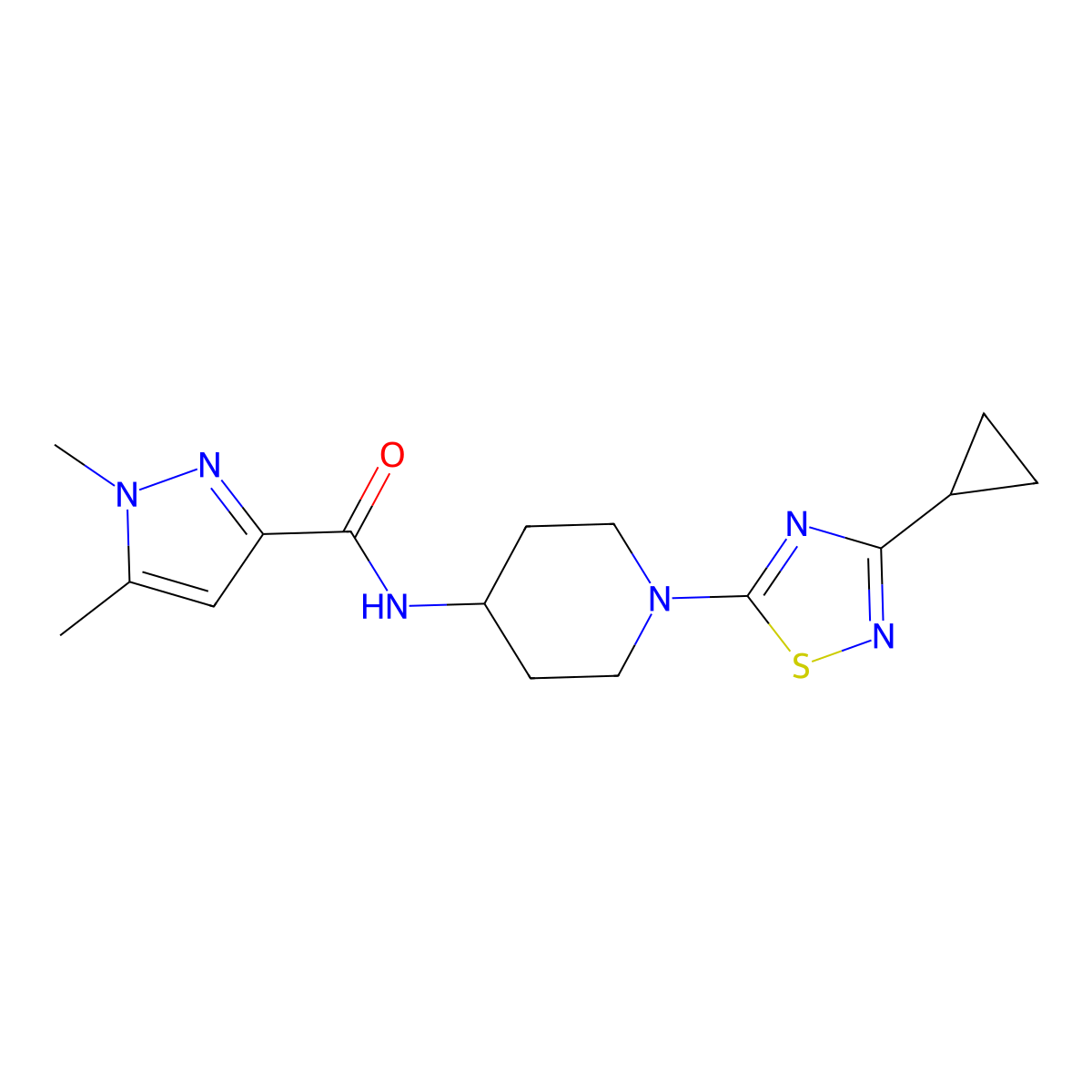 N-[1-(3-cyclopropyl-1,2,4-thiadiazol-5-yl)piperidin-4-yl]-1,5-dimethyl-1H-pyrazole-3-carboxamide molecular structure, CAS 3054631-47-6