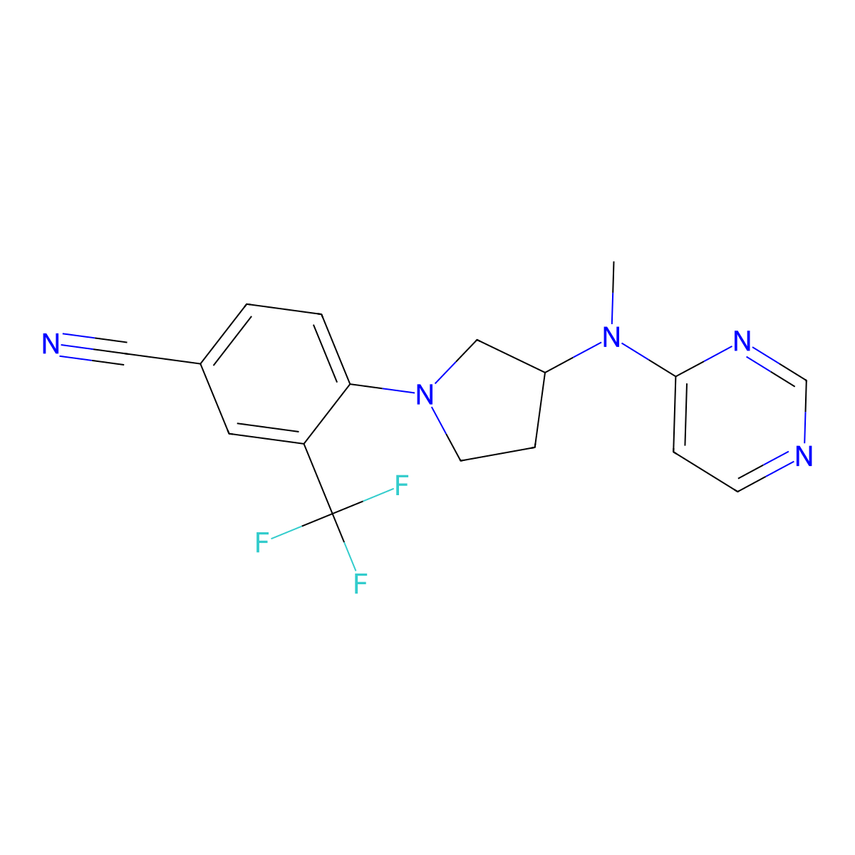 4-{3-[Methyl(pyrimidin-4-yl)amino]pyrrolidin-1-yl}-3-(trifluoromethyl)benzonitrile molecular structure, CAS 3054631-52-3