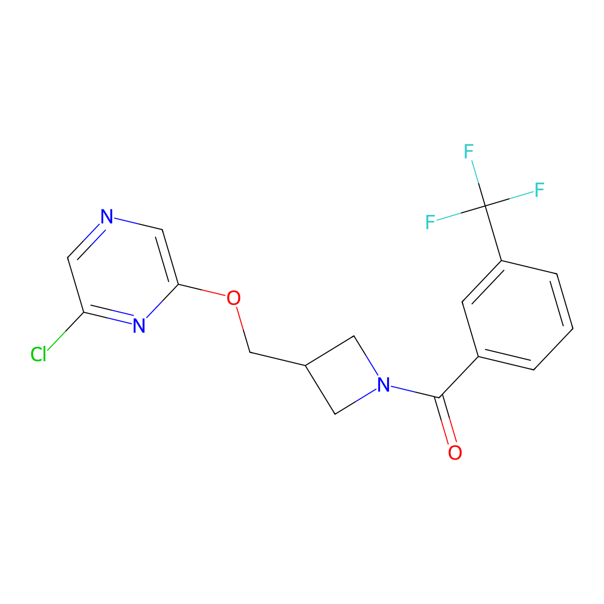 2-Chloro-6-({1-[3-(trifluoromethyl)benzoyl]azetidin-3-yl}methoxy)pyrazine molecular structure, CAS 3054631-54-5