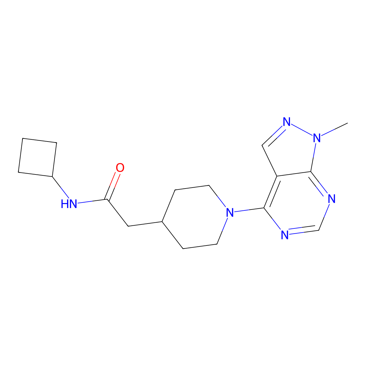 N-cyclobutyl-2-(1-{1-methyl-1H-pyrazolo[3,4-d]pyrimidin-4-yl}piperidin-4-yl)acetamide molecular structure, CAS 3054631-59-0