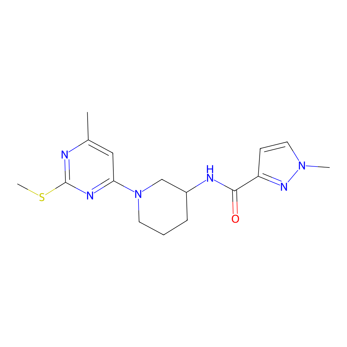 1-methyl-N-{1-[6-methyl-2-(methylsulfanyl)pyrimidin-4-yl]piperidin-3-yl}-1H-pyrazole-3-carboxamide molecular structure, CAS 3054631-66-9