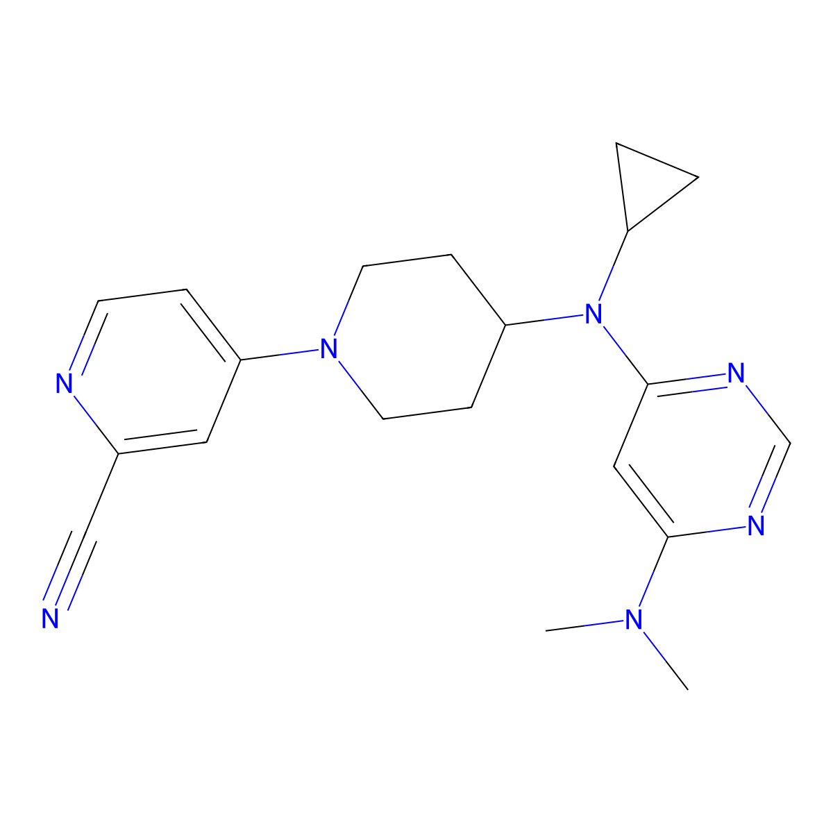 4-(4-{Cyclopropyl[6-(dimethylamino)pyrimidin-4-yl]amino}piperidin-1-yl)pyridine-2-carbonitrile molecular structure, CAS 3054631-73-8