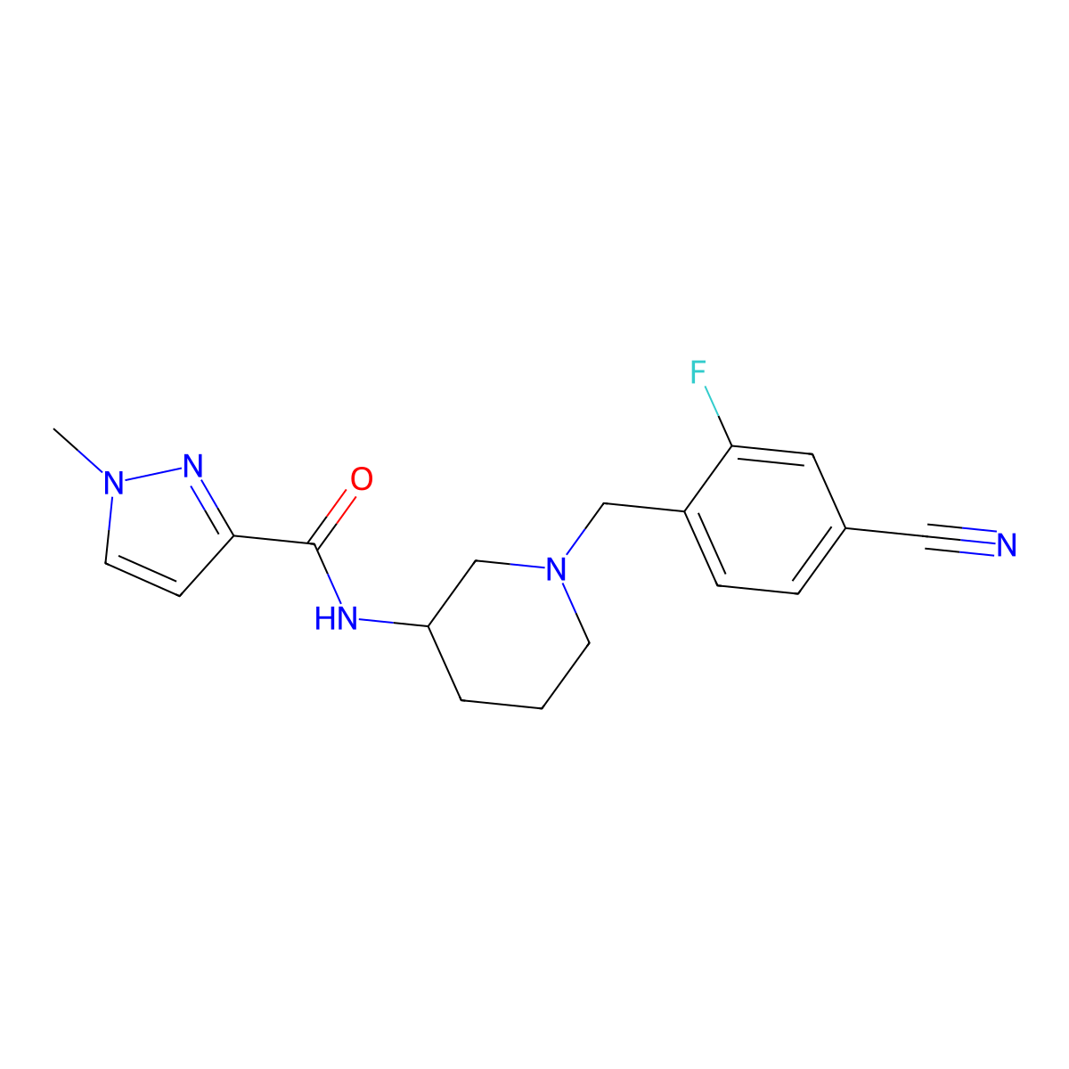 N-{1-[(4-cyano-2-fluorophenyl)methyl]piperidin-3-yl}-1-methyl-1H-pyrazole-3-carboxamide molecular structure, CAS 3054631-75-0