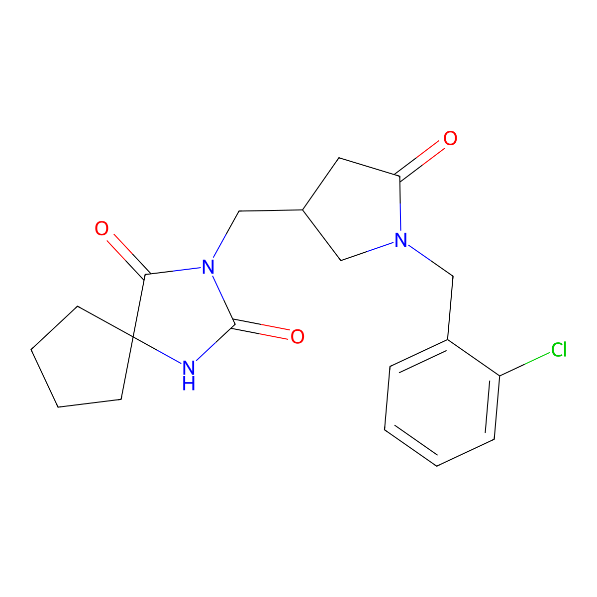 3-({1-[(2-Chlorophenyl)methyl]-5-oxopyrrolidin-3-yl}methyl)-1,3-diazaspiro[4.4]nonane-2,4-dione molecular structure, CAS 3054631-80-7