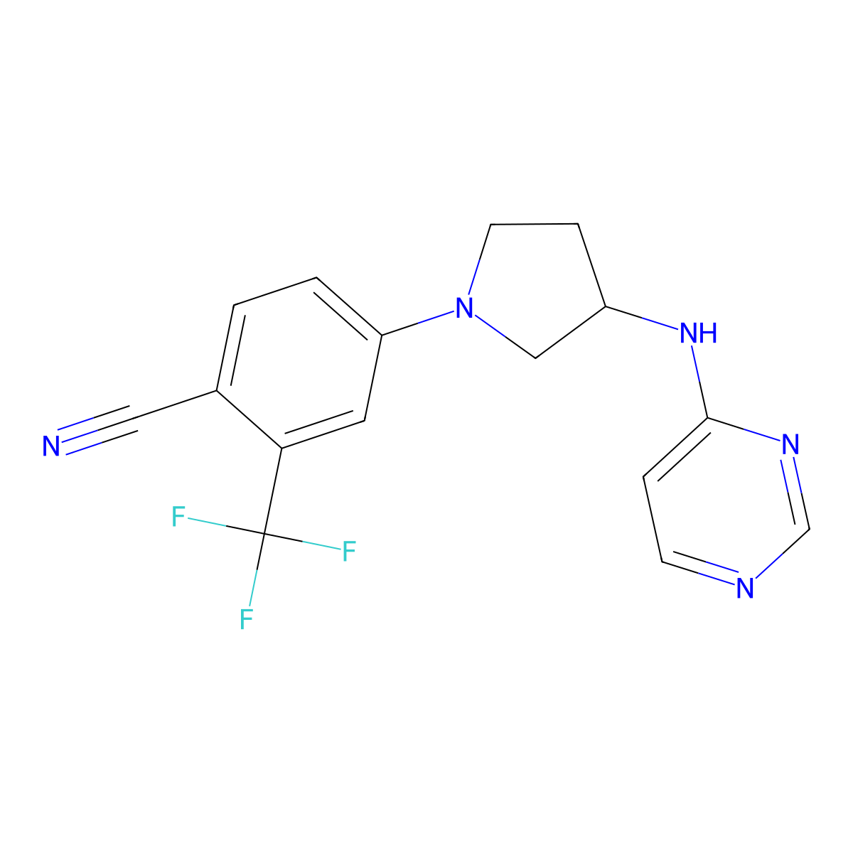 4-{3-[(Pyrimidin-4-yl)amino]pyrrolidin-1-yl}-2-(trifluoromethyl)benzonitrile molecular structure, CAS 3054631-82-9