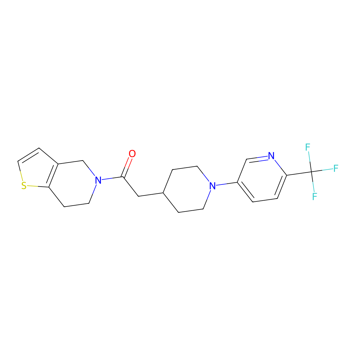 1-{4H,5H,6H,7H-thieno[3,2-c]pyridin-5-yl}-2-{1-[6-(trifluoromethyl)pyridin-3-yl]piperidin-4-yl}ethan-1-one molecular structure, CAS 3054631-89-6