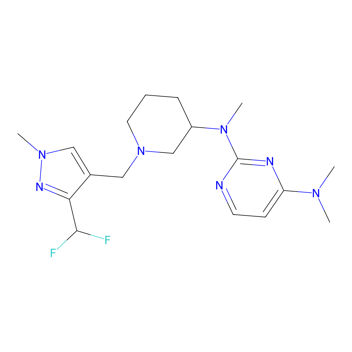 N2-(1-{[3-(difluoromethyl)-1-methyl-1H-pyrazol-4-yl]methyl}piperidin-3-yl)-N2,N4,N4-trimethylpyrimidine-2,4-diamine molecular structure, CAS 3054631-95-4