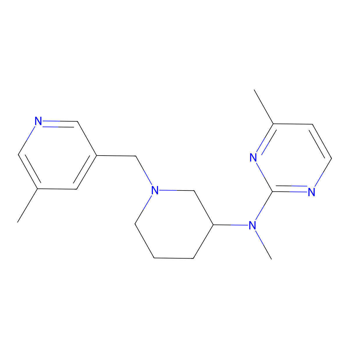 N,4-dimethyl-N-{1-[(5-methylpyridin-3-yl)methyl]piperidin-3-yl}pyrimidin-2-amine molecular structure, CAS 3054631-97-6