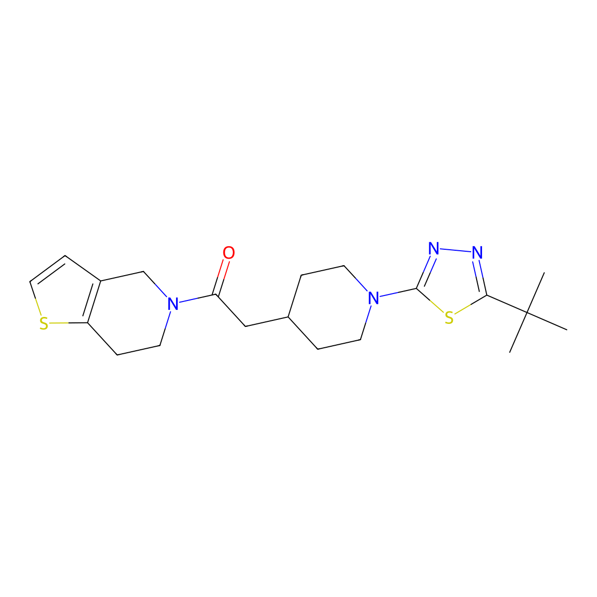 2-[1-(5-tert-butyl-1,3,4-thiadiazol-2-yl)piperidin-4-yl]-1-{4H,5H,6H,7H-thieno[3,2-c]pyridin-5-yl}ethan-1-one molecular structure, CAS 3054631-98-7