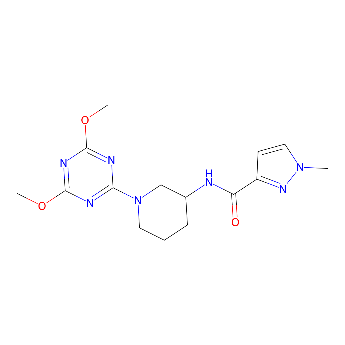 N-[1-(4,6-dimethoxy-1,3,5-triazin-2-yl)piperidin-3-yl]-1-methyl-1H-pyrazole-3-carboxamide molecular structure, CAS 3054632-01-5