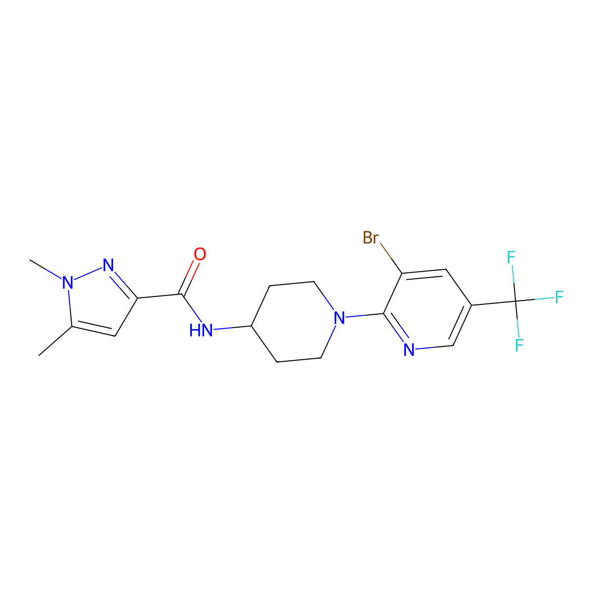 N-{1-[3-bromo-5-(trifluoromethyl)pyridin-2-yl]piperidin-4-yl}-1,5-dimethyl-1H-pyrazole-3-carboxamide molecular structure, CAS 3054632-05-9