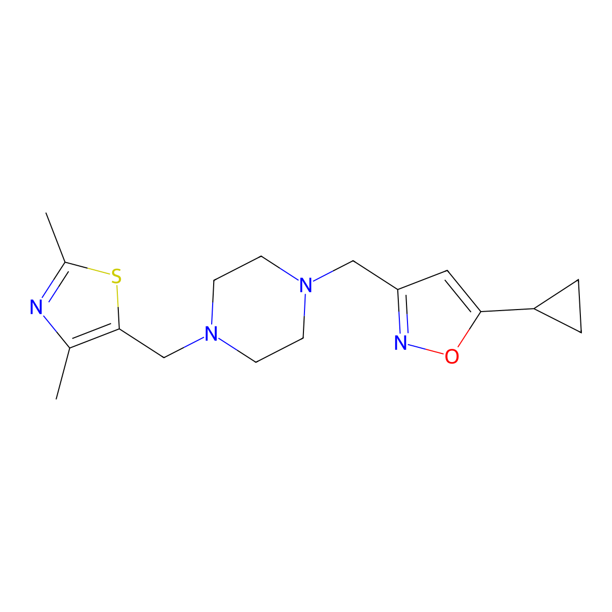 1-[(5-Cyclopropyl-1,2-oxazol-3-yl)methyl]-4-[(2,4-dimethyl-1,3-thiazol-5-yl)methyl]piperazine molecular structure, CAS 3054632-09-3