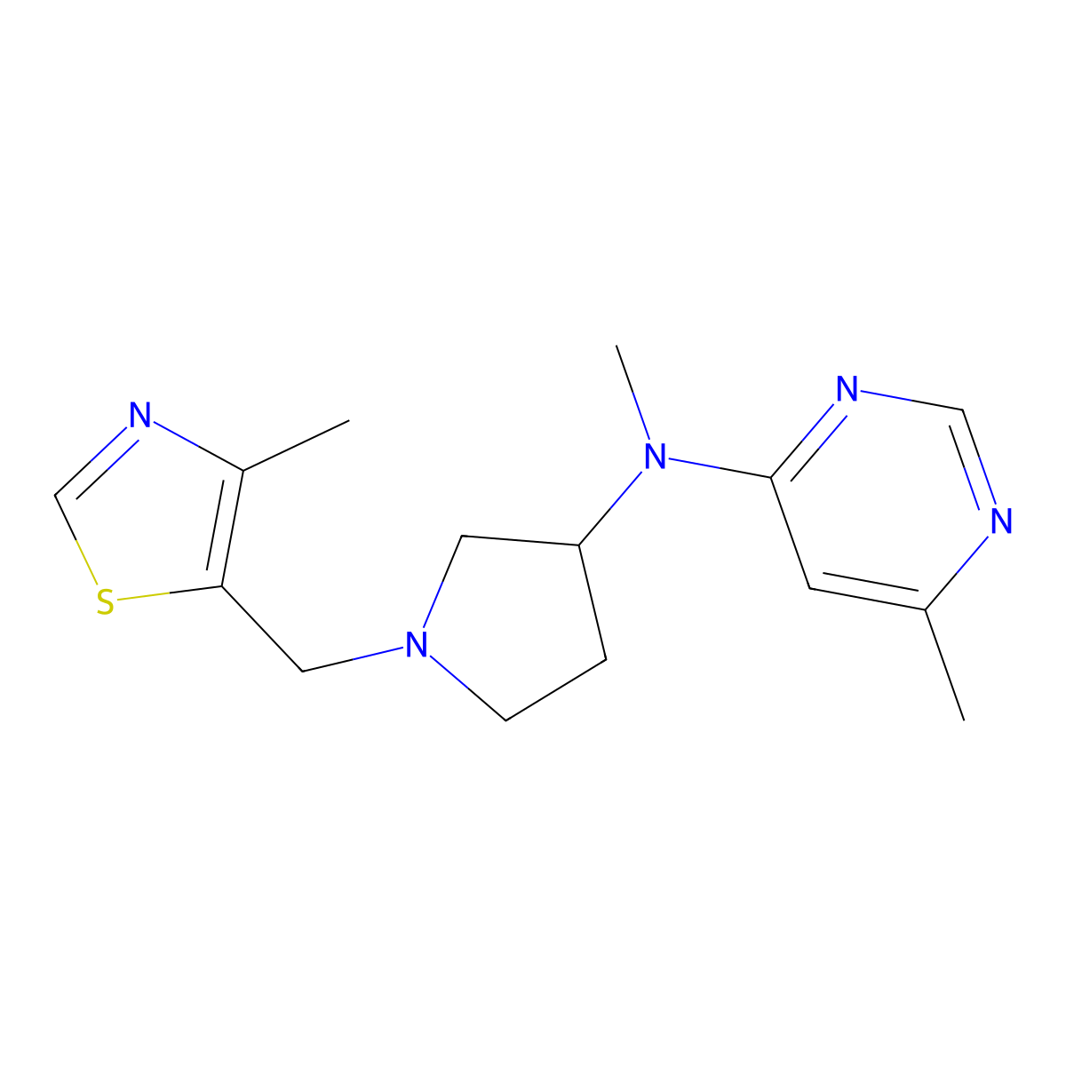N,6-dimethyl-N-{1-[(4-methyl-1,3-thiazol-5-yl)methyl]pyrrolidin-3-yl}pyrimidin-4-amine molecular structure, CAS 3054632-14-0