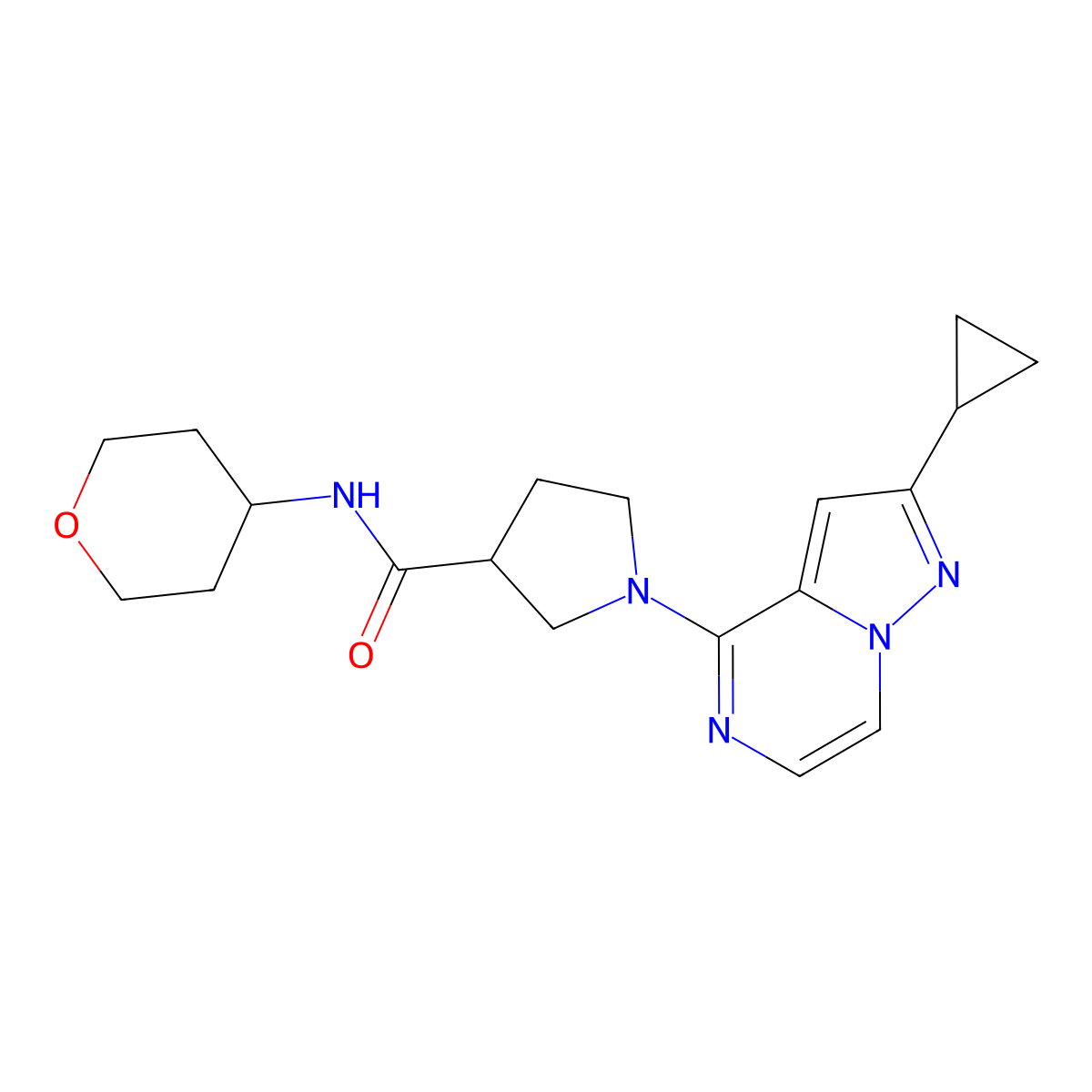 1-{2-cyclopropylpyrazolo[1,5-a]pyrazin-4-yl}-N-(oxan-4-yl)pyrrolidine-3-carboxamide molecular structure, CAS 3054632-24-2