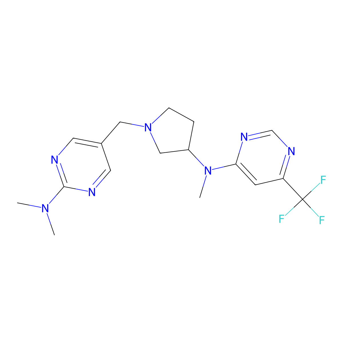 N,N-dimethyl-5-[(3-{methyl[6-(trifluoromethyl)pyrimidin-4-yl]amino}pyrrolidin-1-yl)methyl]pyrimidin-2-amine molecular structure, CAS 3054632-33-3