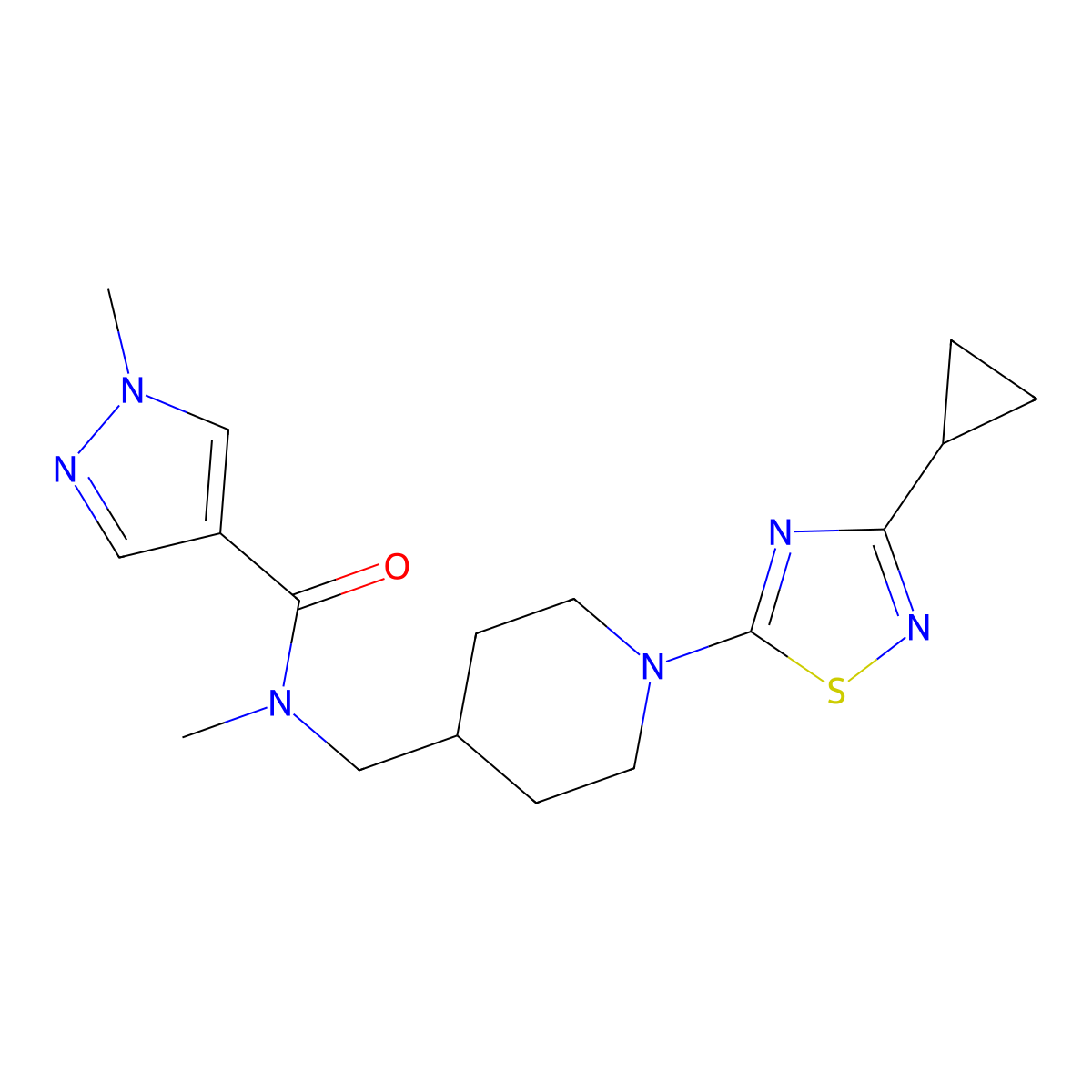 N-{[1-(3-cyclopropyl-1,2,4-thiadiazol-5-yl)piperidin-4-yl]methyl}-N,1-dimethyl-1H-pyrazole-4-carboxamide molecular structure, CAS 3054632-39-9