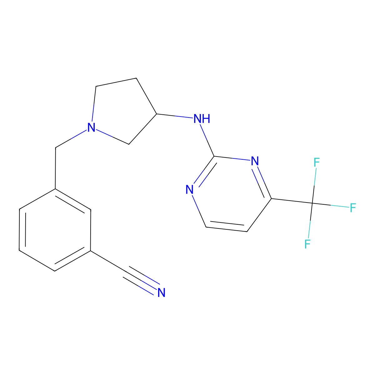 3-[(3-{[4-(Trifluoromethyl)pyrimidin-2-yl]amino}pyrrolidin-1-yl)methyl]benzonitrile molecular structure, CAS 3054632-40-2