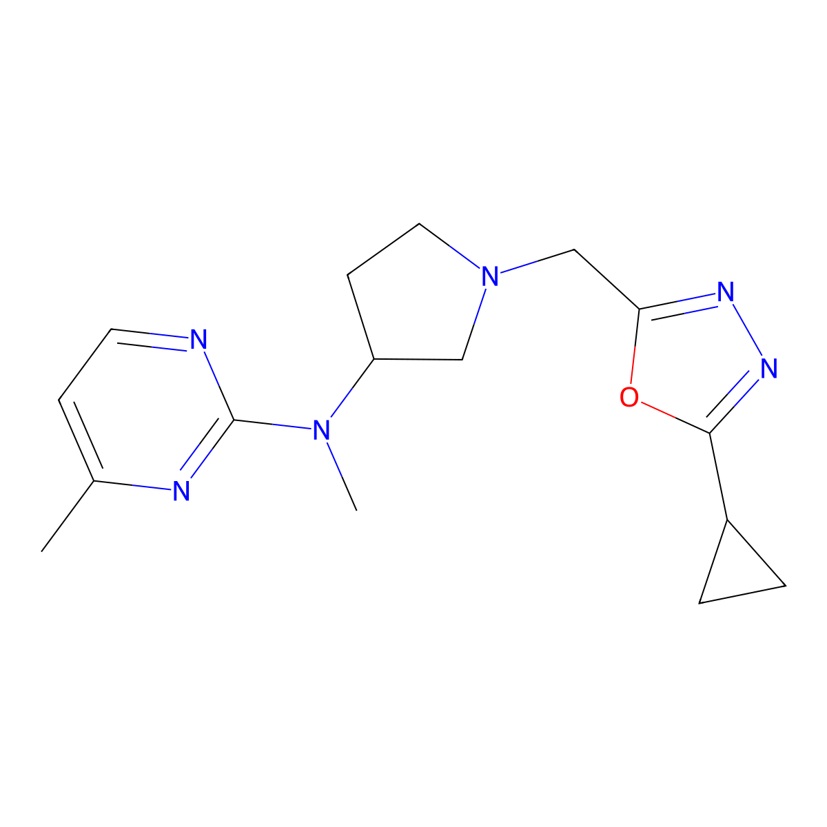 N-{1-[(5-cyclopropyl-1,3,4-oxadiazol-2-yl)methyl]pyrrolidin-3-yl}-N,4-dimethylpyrimidin-2-amine molecular structure, CAS 3054632-43-5