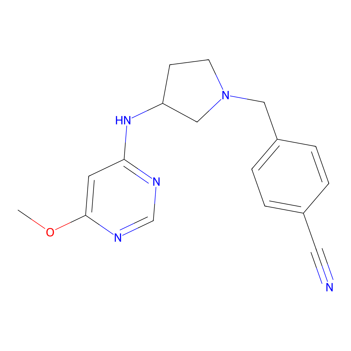 4-({3-[(6-Methoxypyrimidin-4-yl)amino]pyrrolidin-1-yl}methyl)benzonitrile molecular structure, CAS 3054632-46-8