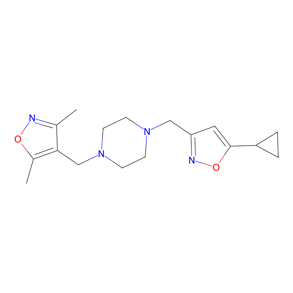 1-[(5-Cyclopropyl-1,2-oxazol-3-yl)methyl]-4-[(3,5-dimethyl-1,2-oxazol-4-yl)methyl]piperazine molecular structure, CAS 3054632-49-1