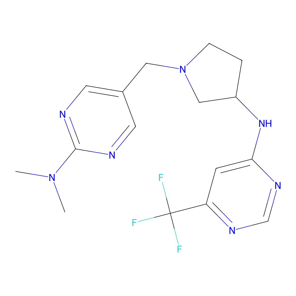N-[1-[[2-(dimethylamino)pyrimidin-5-yl]methyl]pyrrolidin-3-yl]-6-(trifluoromethyl)pyrimidin-4-amine molecular structure, CAS 3054632-50-4