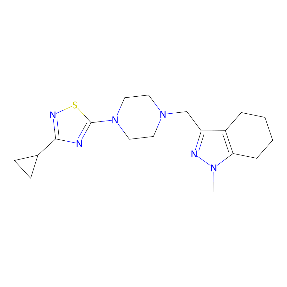 3-{[4-(3-cyclopropyl-1,2,4-thiadiazol-5-yl)piperazin-1-yl]methyl}-1-methyl-4,5,6,7-tetrahydro-1H-indazole molecular structure, CAS 3054632-53-7