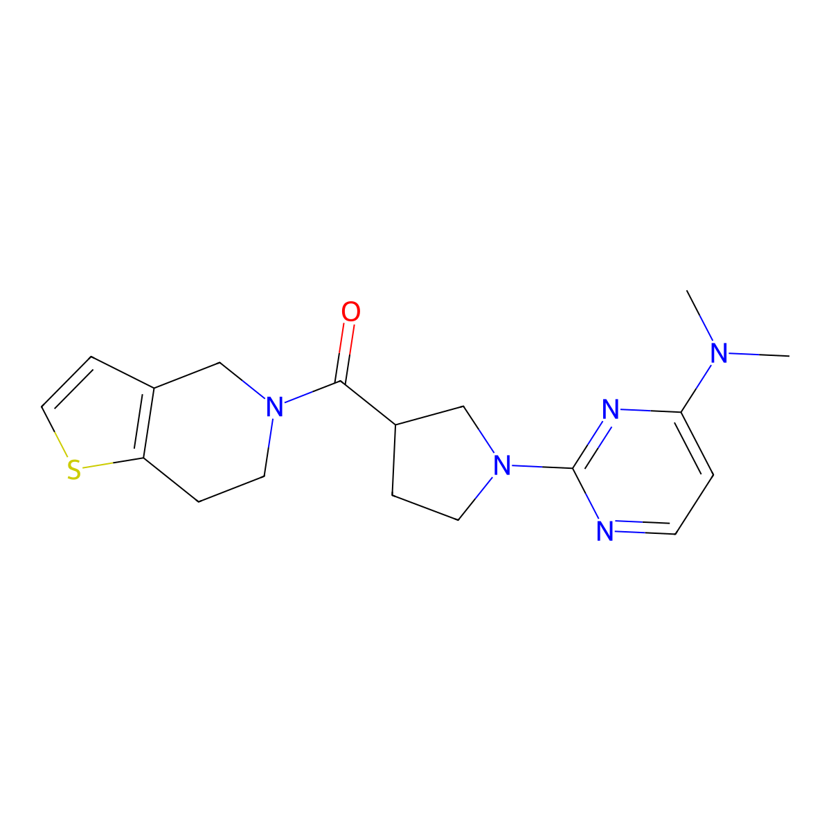 N,N-dimethyl-2-(3-{4H,5H,6H,7H-thieno[3,2-c]pyridine-5-carbonyl}pyrrolidin-1-yl)pyrimidin-4-amine molecular structure, CAS 3054632-60-6