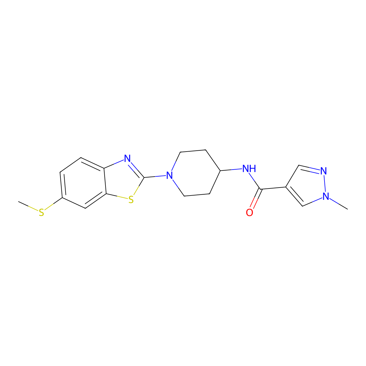 1-methyl-N-{1-[6-(methylsulfanyl)-1,3-benzothiazol-2-yl]piperidin-4-yl}-1H-pyrazole-4-carboxamide molecular structure, CAS 3054632-61-7