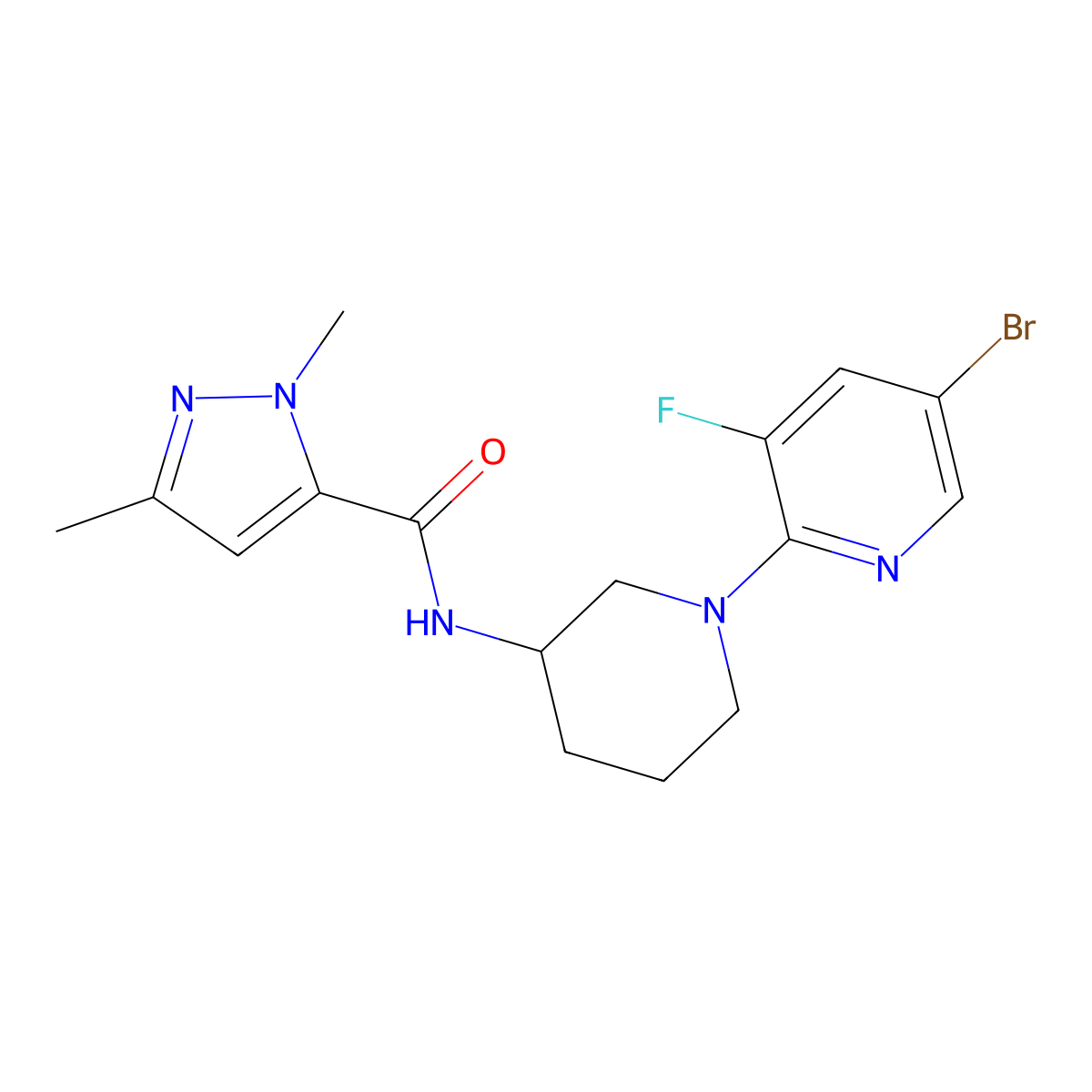 N-[1-(5-bromo-3-fluoropyridin-2-yl)piperidin-3-yl]-1,3-dimethyl-1H-pyrazole-5-carboxamide molecular structure, CAS 3054632-73-1