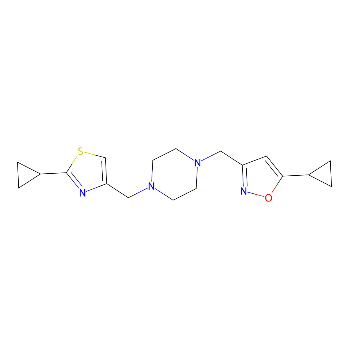 1-[(5-Cyclopropyl-1,2-oxazol-3-yl)methyl]-4-[(2-cyclopropyl-1,3-thiazol-4-yl)methyl]piperazine molecular structure, CAS 3054632-75-3