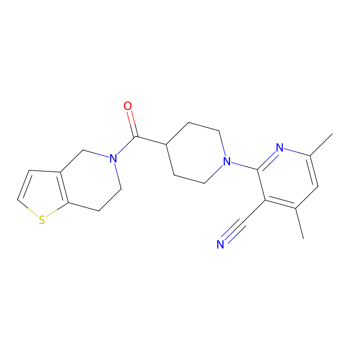 4,6-dimethyl-2-(4-{4H,5H,6H,7H-thieno[3,2-c]pyridine-5-carbonyl}piperidin-1-yl)pyridine-3-carbonitrile molecular structure, CAS 3054632-87-7