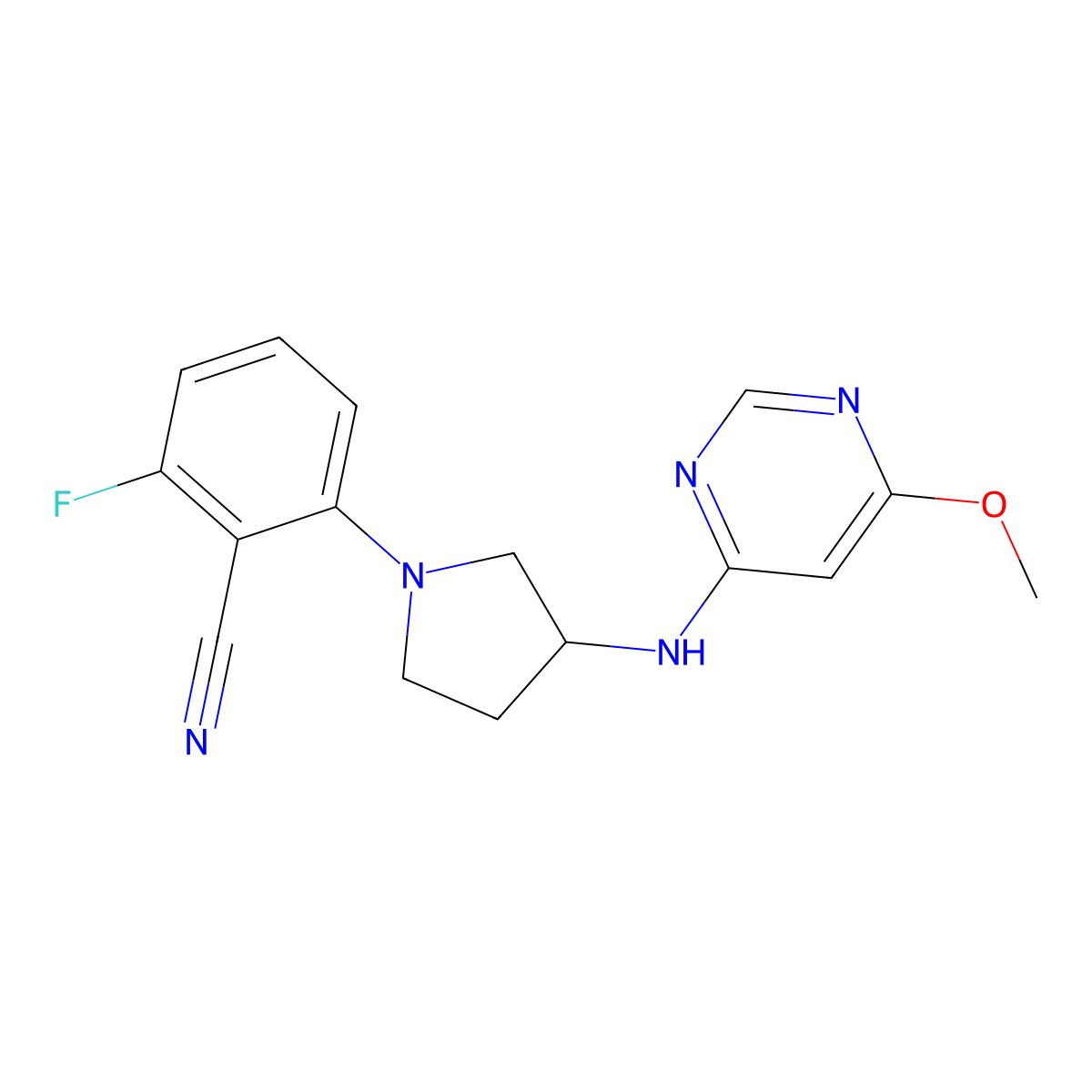 2-Fluoro-6-{3-[(6-methoxypyrimidin-4-yl)amino]pyrrolidin-1-yl}benzonitrile molecular structure, CAS 3054632-89-9