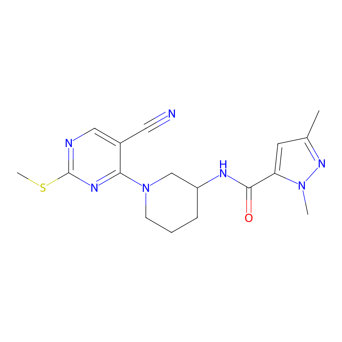 N-{1-[5-cyano-2-(methylsulfanyl)pyrimidin-4-yl]piperidin-3-yl}-1,3-dimethyl-1H-pyrazole-5-carboxamide molecular structure, CAS 3054632-93-5