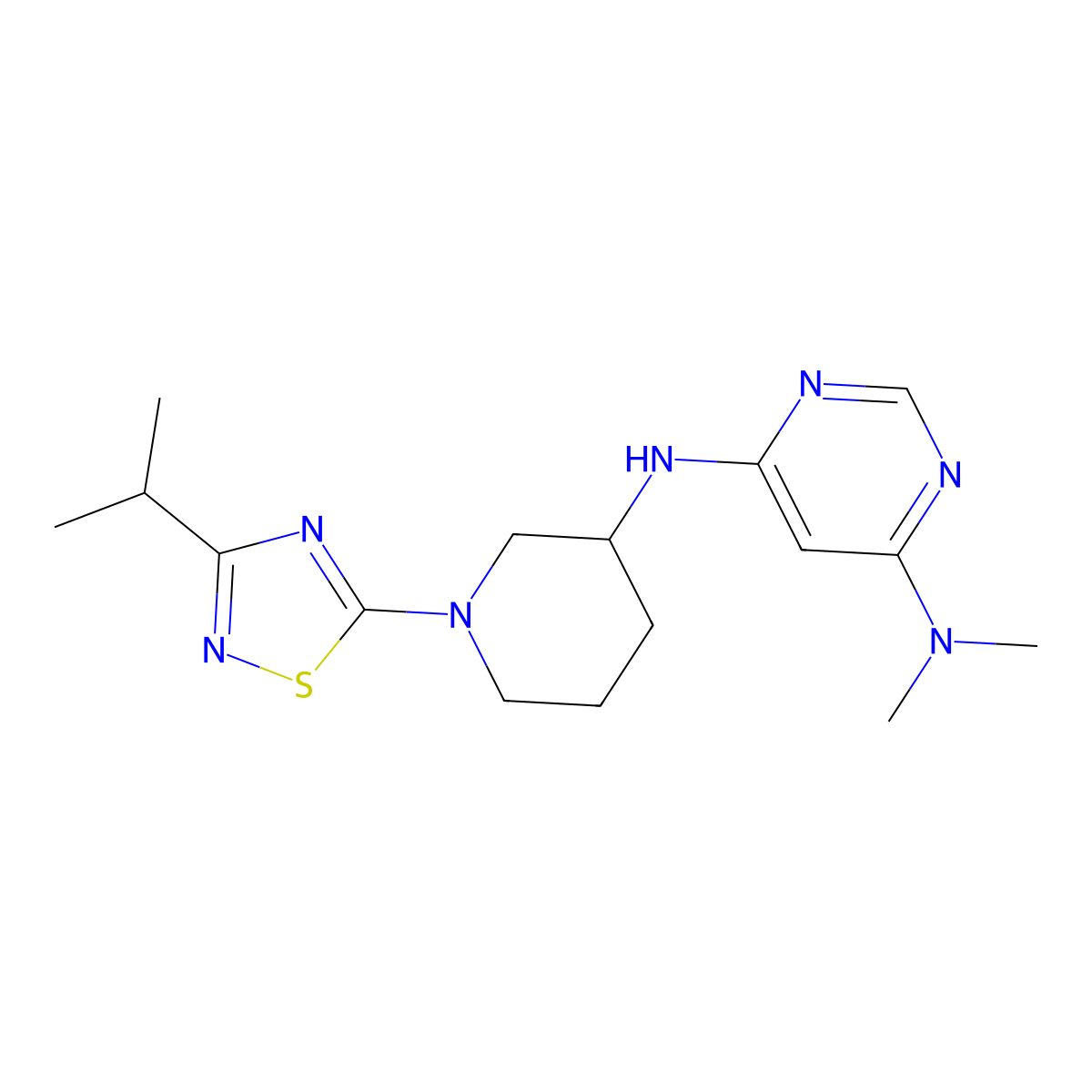 N4,N4-dimethyl-N6-{1-[3-(propan-2-yl)-1,2,4-thiadiazol-5-yl]piperidin-3-yl}pyrimidine-4,6-diamine molecular structure, CAS 3054632-98-0