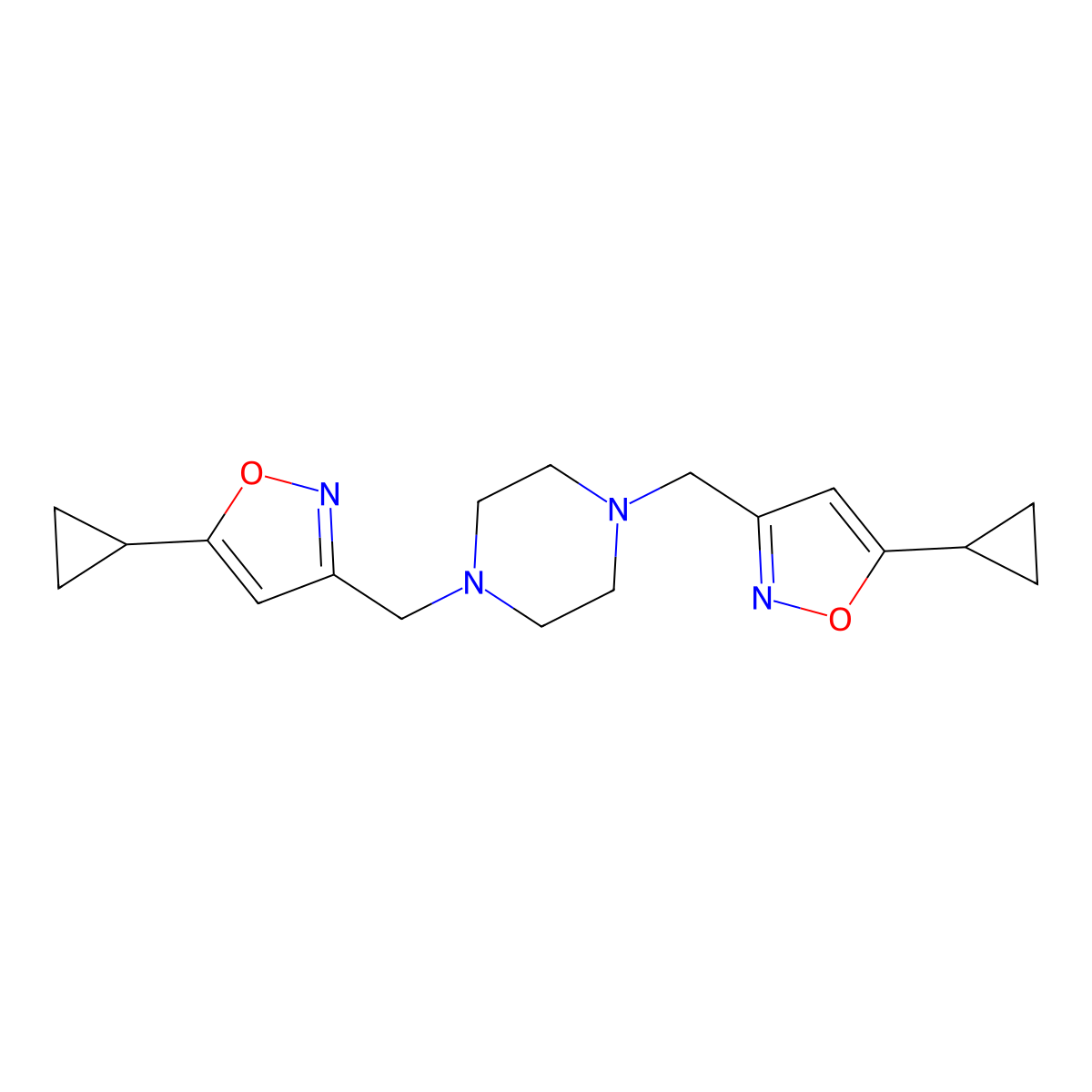 1,4-Bis[(5-cyclopropyl-1,2-oxazol-3-yl)methyl]piperazine molecular structure, CAS 3054632-99-1