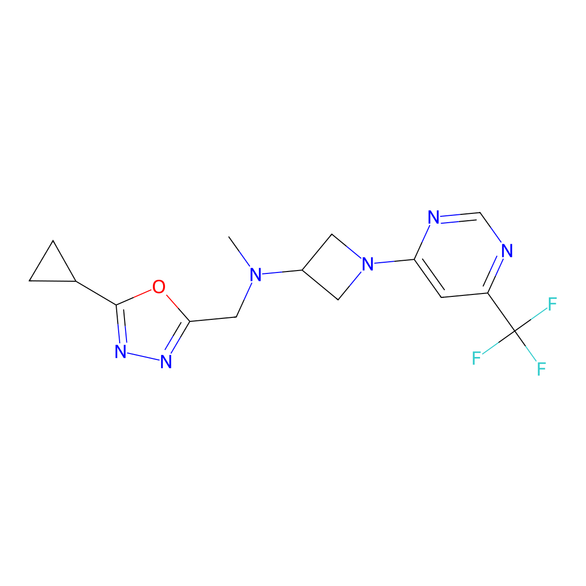 N-[(5-cyclopropyl-1,3,4-oxadiazol-2-yl)methyl]-N-methyl-1-[6-(trifluoromethyl)pyrimidin-4-yl]azetidin-3-amine molecular structure, CAS 3054633-00-7