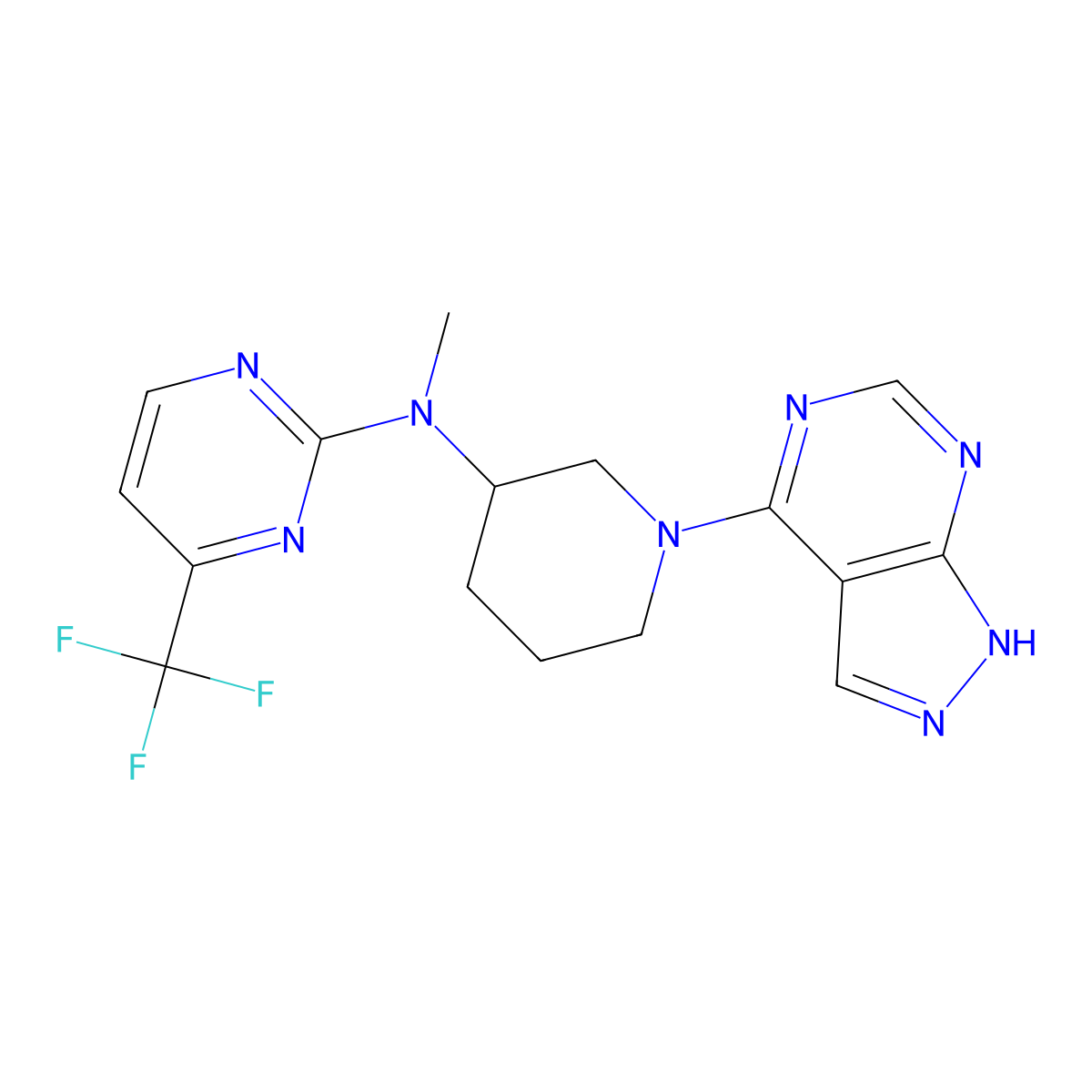 N-methyl-N-(1-{1H-pyrazolo[3,4-d]pyrimidin-4-yl}piperidin-3-yl)-4-(trifluoromethyl)pyrimidin-2-amine molecular structure, CAS 3054633-05-2
