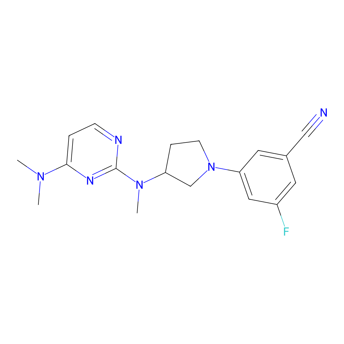 3-(3-{[4-(Dimethylamino)pyrimidin-2-yl](methyl)amino}pyrrolidin-1-yl)-5-fluorobenzonitrile molecular structure, CAS 3054633-09-6