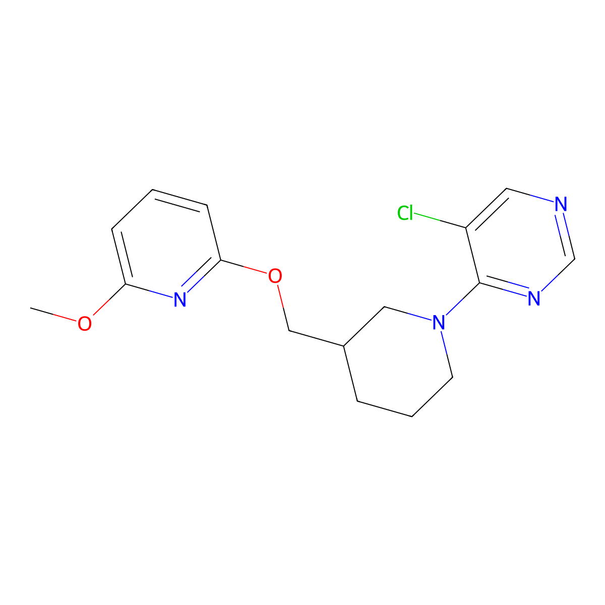 5-Chloro-4-(3-{[(6-methoxypyridin-2-yl)oxy]methyl}piperidin-1-yl)pyrimidine molecular structure, CAS 3054633-12-1
