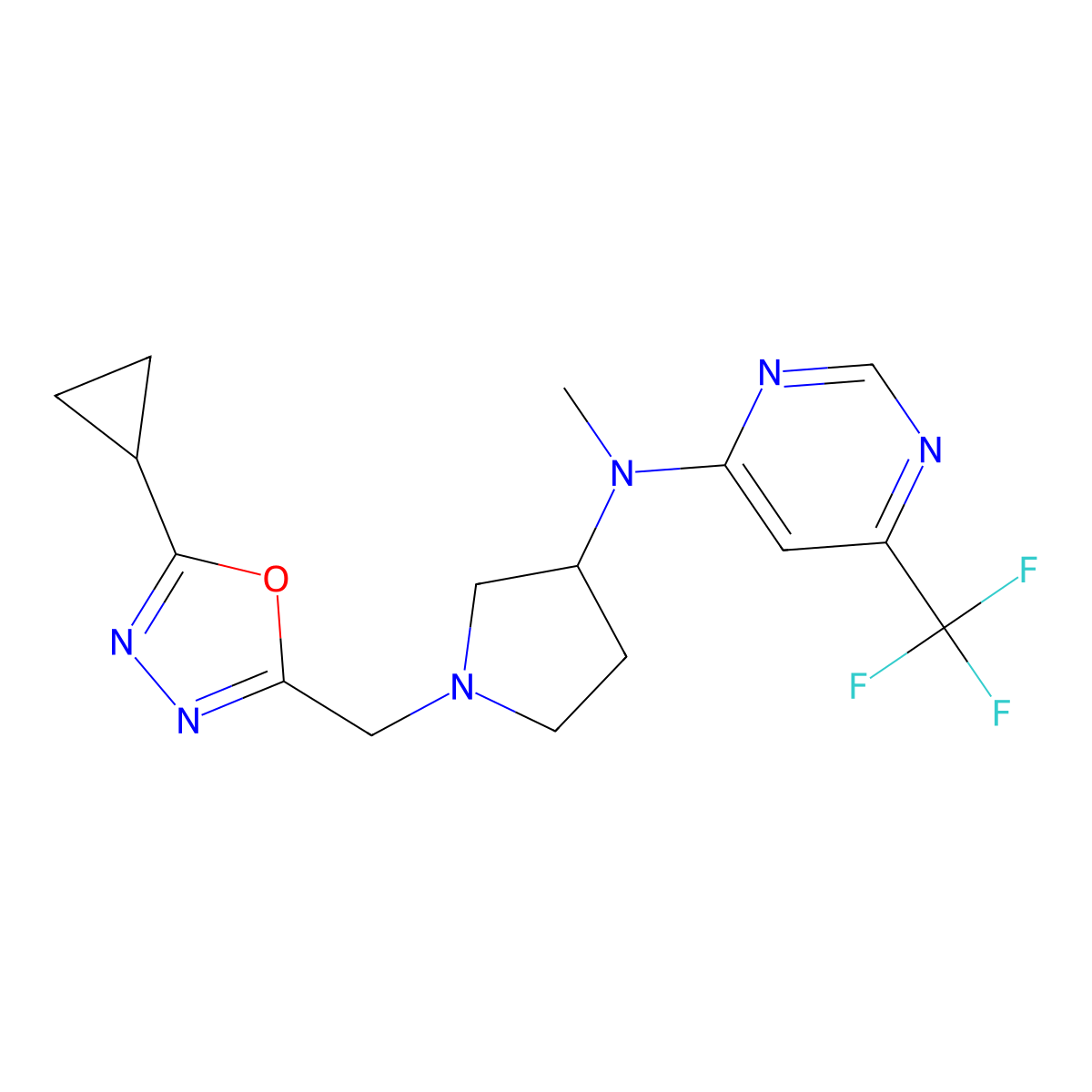 N-{1-[(5-cyclopropyl-1,3,4-oxadiazol-2-yl)methyl]pyrrolidin-3-yl}-N-methyl-6-(trifluoromethyl)pyrimidin-4-amine molecular structure, CAS 3054633-24-5