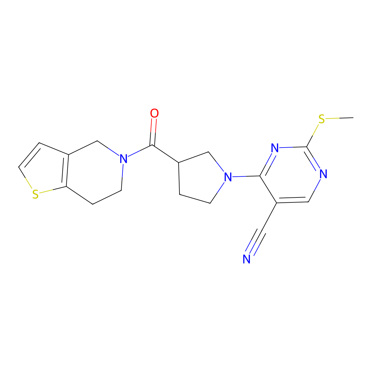 2-(methylsulfanyl)-4-(3-{4H,5H,6H,7H-thieno[3,2-c]pyridine-5-carbonyl}pyrrolidin-1-yl)pyrimidine-5-carbonitrile molecular structure, CAS 3054633-34-7