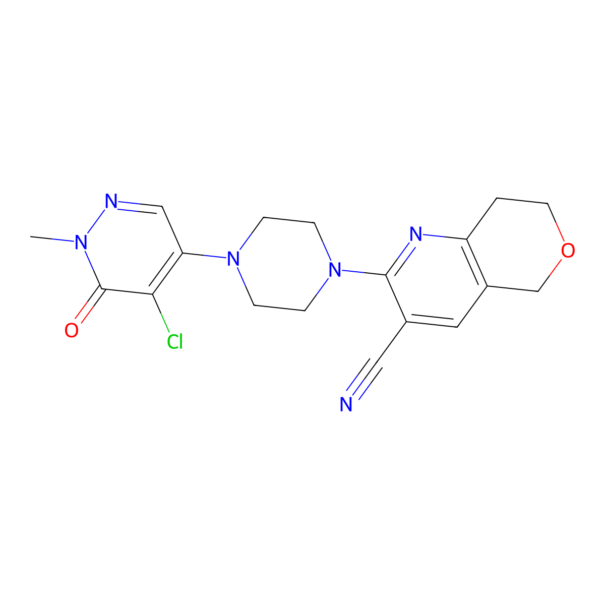 2-[4-(5-chloro-1-methyl-6-oxo-1,6-dihydropyridazin-4-yl)piperazin-1-yl]-5H,7H,8H-pyrano[4,3-b]pyridine-3-carbonitrile molecular structure, CAS 3054633-37-0