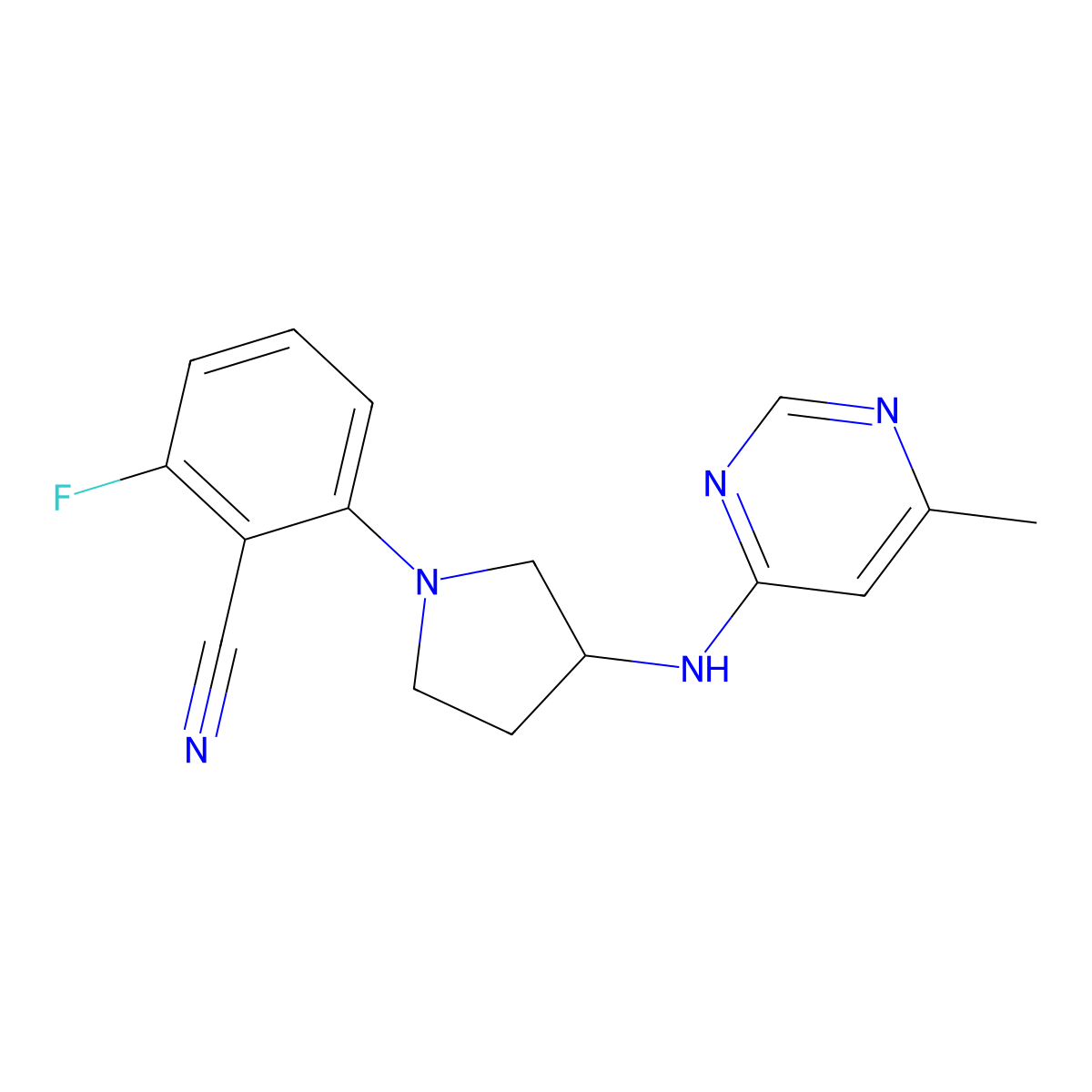 2-Fluoro-6-{3-[(6-methylpyrimidin-4-yl)amino]pyrrolidin-1-yl}benzonitrile molecular structure, CAS 3054633-39-2