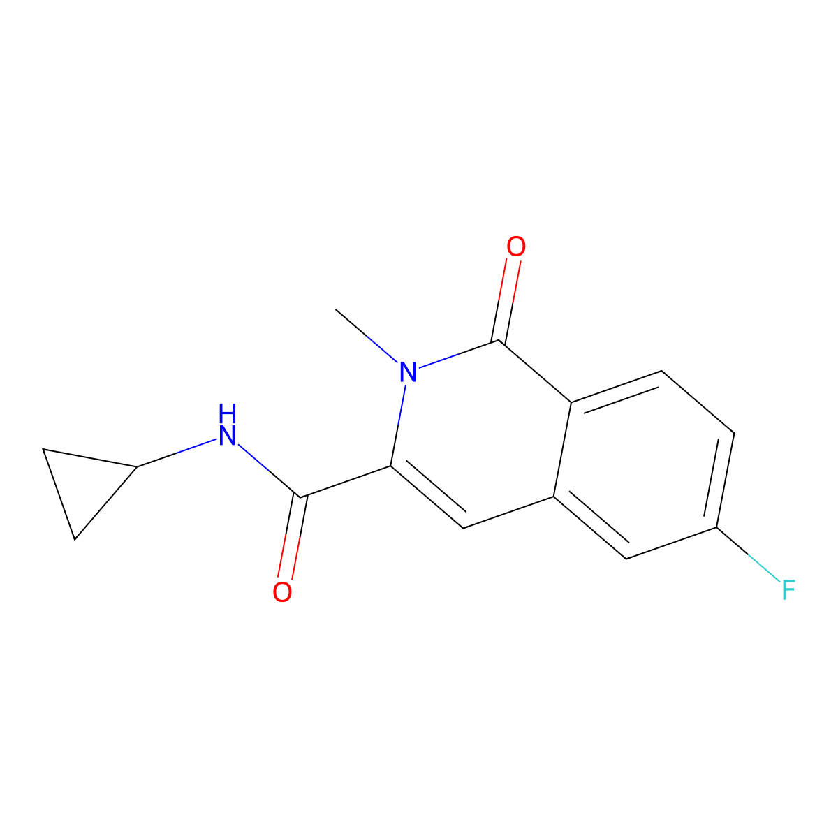 N-cyclopropyl-6-fluoro-2-methyl-1-oxo-1,2-dihydroisoquinoline-3-carboxamide molecular structure, CAS 3054633-41-6
