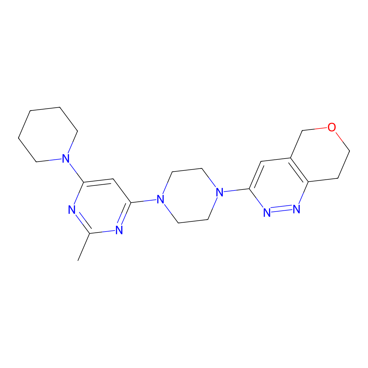 2-methyl-4-(piperidin-1-yl)-6-(4-{5H,7H,8H-pyrano[4,3-c]pyridazin-3-yl}piperazin-1-yl)pyrimidine molecular structure, CAS 3054633-43-8